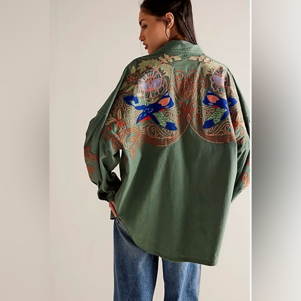 We The Free Green Embroidered Button Down Shirt - Picture 2 of 11